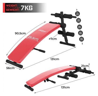 Banc à de musculation abdominaux pliable réglable en hauteur à 5 positions 60-72 cm rouge pour sit up ab appareil de fitness gym sport entraînement