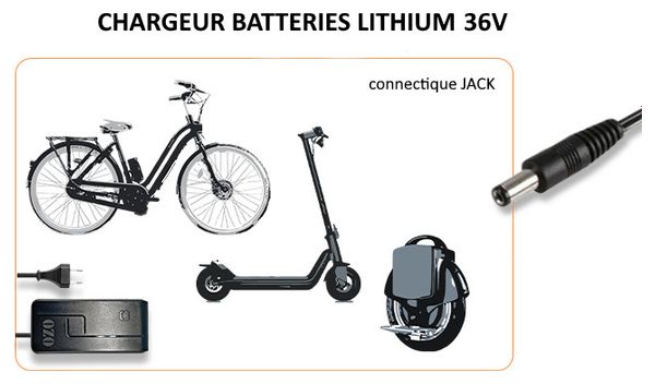 Chargeur 36V 2A pour batterie Lithium  de vélo électrique prise JACK