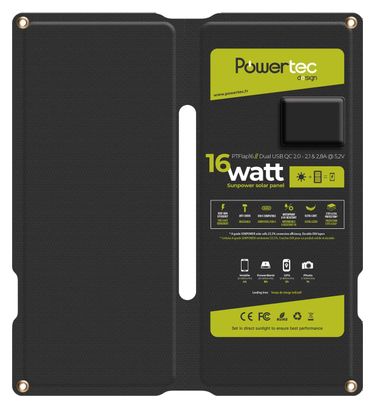 Chargeur Solaire Portable Powertec PTFlap16 Dual USB Vert