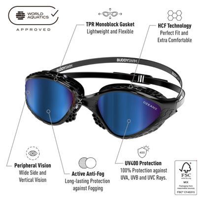BuddySwim OzeanX Zwembril Zwart/Blauw Spiegel
