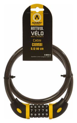 AUVRAY - Cable Antivol Vélo Combi A Chiffres ø12 - Longueur 65cm - Fiable et Résistant - Acier Tressé - Universel