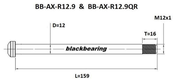 Rear Axle Black Bearing QR 12 mm - 159 - M12x1 - 16 mm
