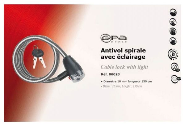 GPA CYCLE Antivol Spirale avec éclairage  10mmx150cm
