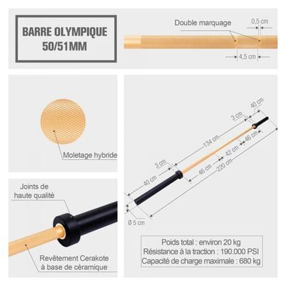 Barre longue Olympique 50 mm - Version premium - Couleur : NOIR / OR