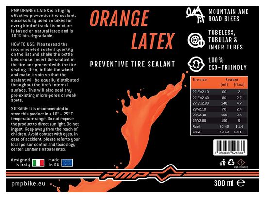 PMP ORANGE LATEX - Liquide préventif d'étanchéité anti-crevaison Tubeless Sealant - 300 ml
