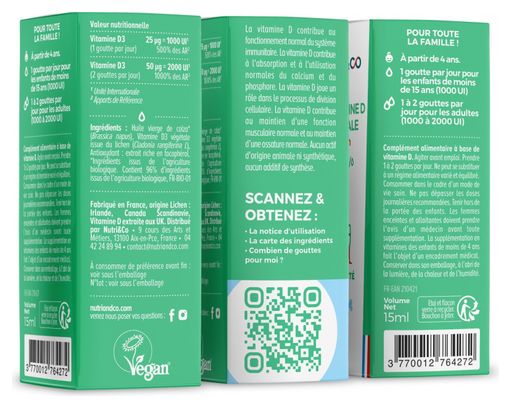 Vitamine D3 Végétale - 1000 UI - Énergie et Immunité - 15 ML