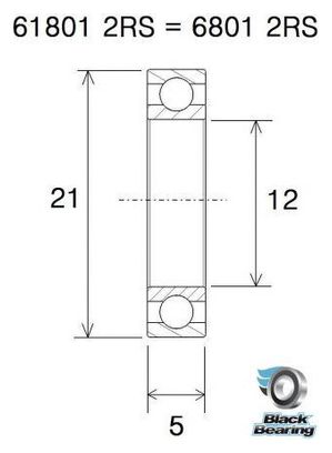 Black Bearing 61801-2RS Max 12 x 21 x 5 mm