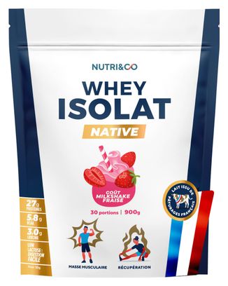 Whey Isolate Native - Prise de Masse et Musculation - Goût Milkshake Fraise - 900gr
