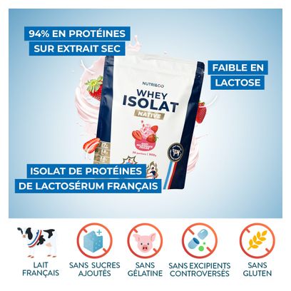 Whey Isolate Native - Prise de Masse et Musculation - Goût Milkshake Fraise - 900gr