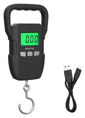 Digitale Hängewaage für Fahrradwerkstatt LCD 60 kg / 10 g – Edelstahlhaken, Akku und USB