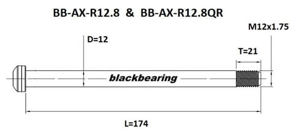Rear Axle Black Bearing QR 12 mm - 174 - M12x1.75 - 21 mm
