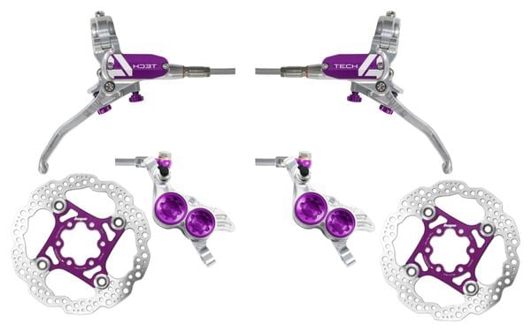 Paar Hope Tech 4 V4 Aviation Silver/Violet remslangen + Hope 6-gaats remschijven