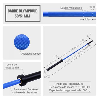 Barre longue Olympique 50 mm - Version premium - Couleur : NOIR / BLEU