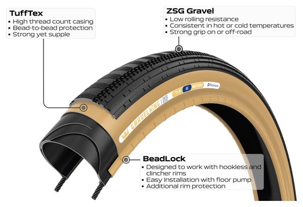 Pneu Gravel Panaracer GravelKing SemiSlick 650b Tubeless Ready Souple ZSG Gravel Compound BeadLock TuffTex Noir Flancs Beiges