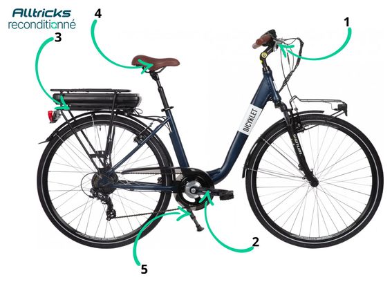 Vélo de Ville Électrique Mixte Bicyklet Claude Shimano Tourney 7V 500 Wh 700 mm Bleu Nuit Mat Marron T.48 167/185cm - Produit Reconditionné