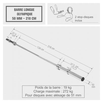 Barre longue olympique 218 cm  50 mm avec stop disques