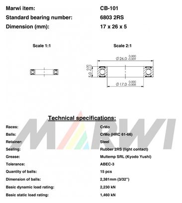 ROULEMENT 6803 2RS 17x26x5 CB101 CB-101.