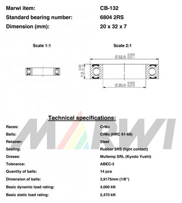 ROULEMENT 6804 2RS 20x32x7 CB132 CB-132.