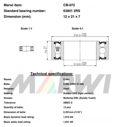 CUSCINETTO 63801 2RS 12x21x7 CB072 CB-072.