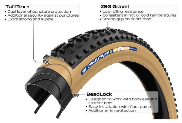 Pneu Gravel Panaracer GravelKing EXT+ 700 mm Tubeless Ready Souple ZSG Gravel Compound BeadLock TuffTex+ Noir Flancs Beiges