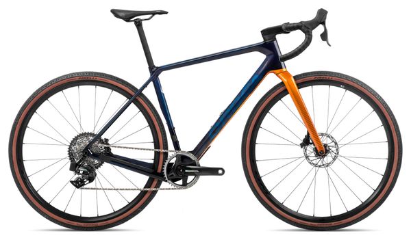 Orbea Terra M21eTEAM 1X Bicicleta Gravel Sram Force XPLR eTap AXS 12S 700 mm Azul Carbono Vista Leo Naranja 2023