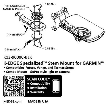 Support Guidon Déporté K-Edge Garmin Combo pour Potence Specialized SL7