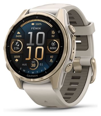 Montre GPS Garmin Fénix 8 AMOLED - 43 mm Sapphire Titane Soft Gold avec Bracelet en Silicone Gris Beige