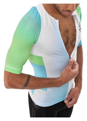 Camiseta de manga corta Compressport Stream blanca/azul/verde para hombre