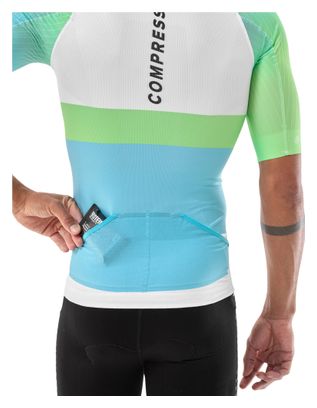 Camiseta de manga corta Compressport Stream blanca/azul/verde para hombre