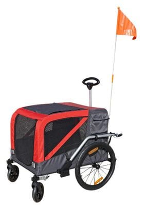 Remorque velo utilitaire maxi 45kg colori rouge avec roues 20  fixation axe de roue arriere - fond metal renforce pour transport chien ou bagage avec poignee et 2 roues 8