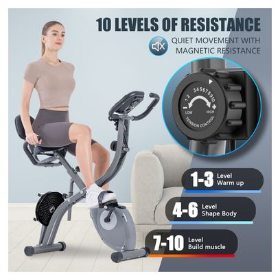 Vélo d’appartement Fitness 3-en-1 pliable magnétique connecté Gris
