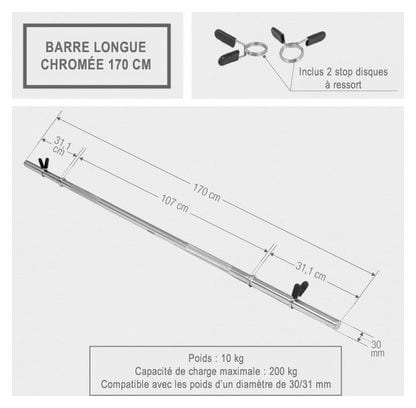 Barre longue avec stop disques 170cm  diamètre 30 mm