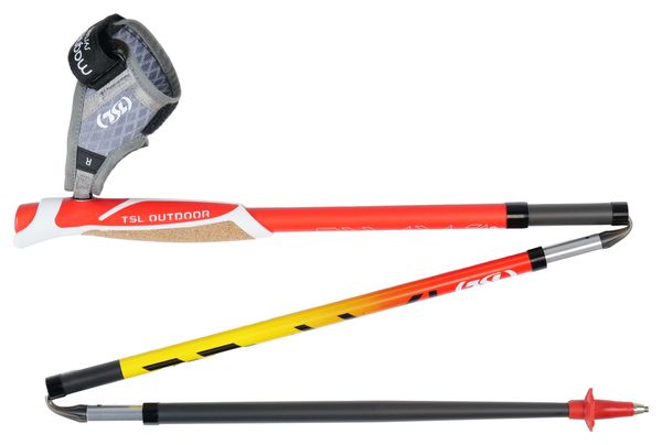 Bastoncini da trail TSL Outdoor Carbon 4 Cork Fire pieghevoli a 4 razze Giallo/Rosso