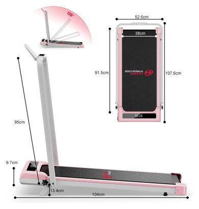 Tapis de Course - Pliable - avec Barre - Inclinaison 6km/h - Pink