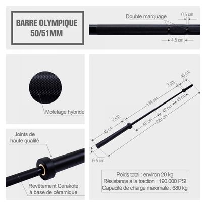 Barre longue Olympique 50 mm - Version premium - Couleur : NOIR