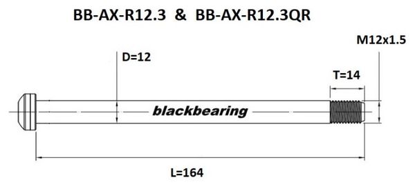 Rear Axle Black Bearing QR 12 mm - 164 - M12x1.5 - 14 mm