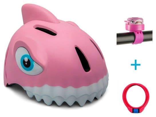 Set Crazy Safety -casque de vélo pour enfants  antivol et sonnette |Requin rose