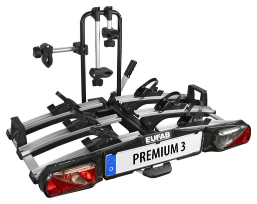 Eufab Premium 3 Portabici da Gancio di Traino 13 Pin - 3 Bici (Compatibile con le E-Bikes) Nero Argento