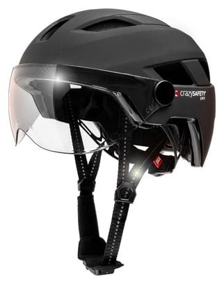 Casque E-bike pour Adultes| Noir  Visière et LED| Crazy Safety| Certifié EN1078