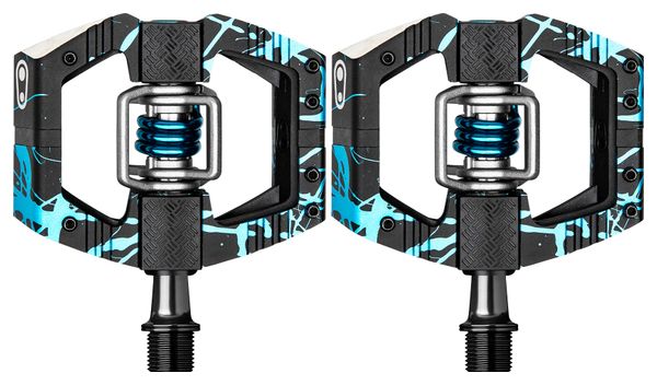 Paar Crankbrothers Mallet E LS Limited Edition automatische pedalen met kooien Zwart / Blauw Splatter