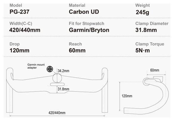 Cintre Progress PG-237 Carbon Aero Garmin Interface 44cm
