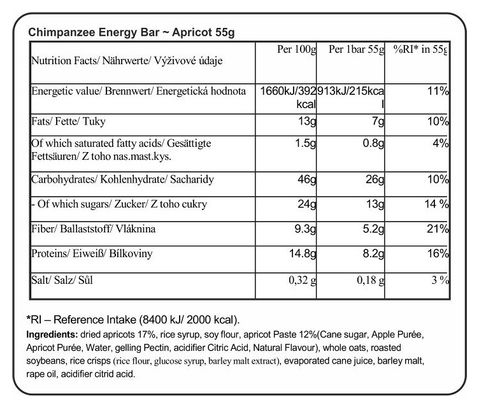 CHIMPANZEE Barrita Energética 100% Natural Albaricoque 55g VEGAN