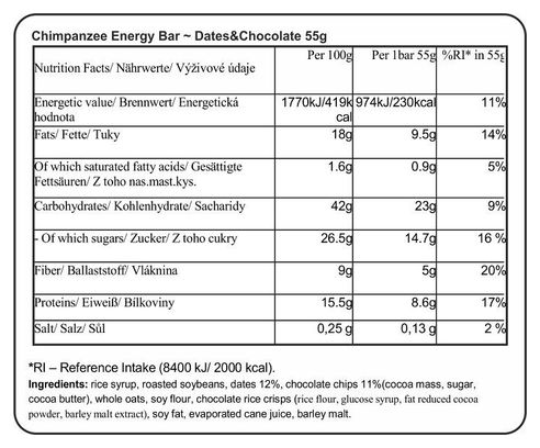 CHIMPANZEE Barre Energétique 100% naturelle Dattes et Chocolat 55g VÉGÉTALIEN