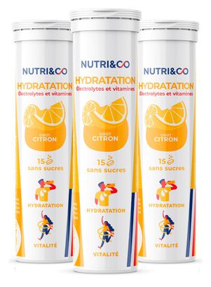 Electrolytes Hydratation - 5 Minéraux 4 Vitamines - Goût Naturel Citron - Lot de 3 tubes - 45 comprimés effervescents