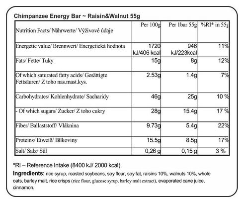 CHIMPANZEE Energy Bar 100% Natural Raisin Wallnut 55g VEGAN