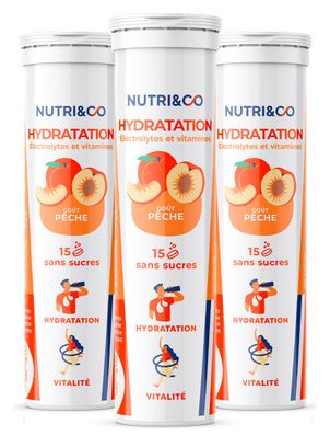 Electrolytes Hydratation - 5 Minéraux 4 Vitamines - Goût Naturel Pêche - Lot de 3 tubes - 45 comprimés effervescents