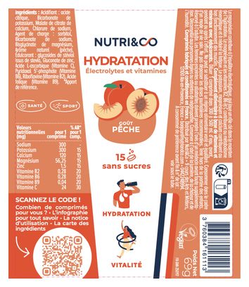 Electrolytes Hydratation - 5 Minéraux 4 Vitamines - Goût Naturel Pêche - Lot de 3 tubes - 45 comprimés effervescents