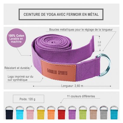 Sangle de Yoga 100% coton - Sangle pour étirements - Fermetures en métal - 11 coloris - Couleur : NOIR