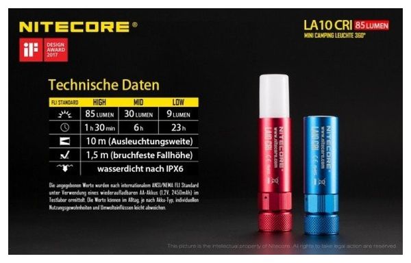 Nitecore LA10 CRI  noir - Lanterne de camping Nichia NVSL219B LED 75 lumens