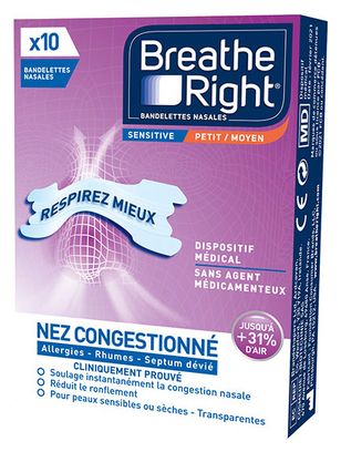 Box of 10 Breath Right SENSITIVE Nasal Strips Medium Size